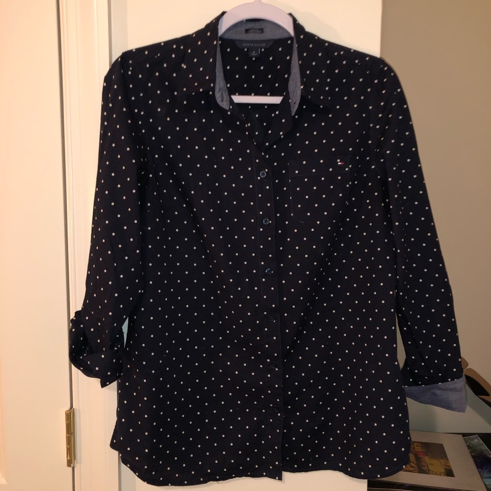 Navy polka dot cotton roll-tab blouse